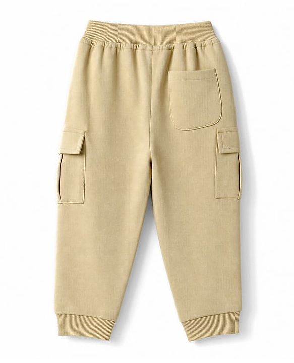 Babyhug Cotton Terry Knit Full Length Solid Lounge Pant with Cargo Pockets & Best Team Text Print - Cream