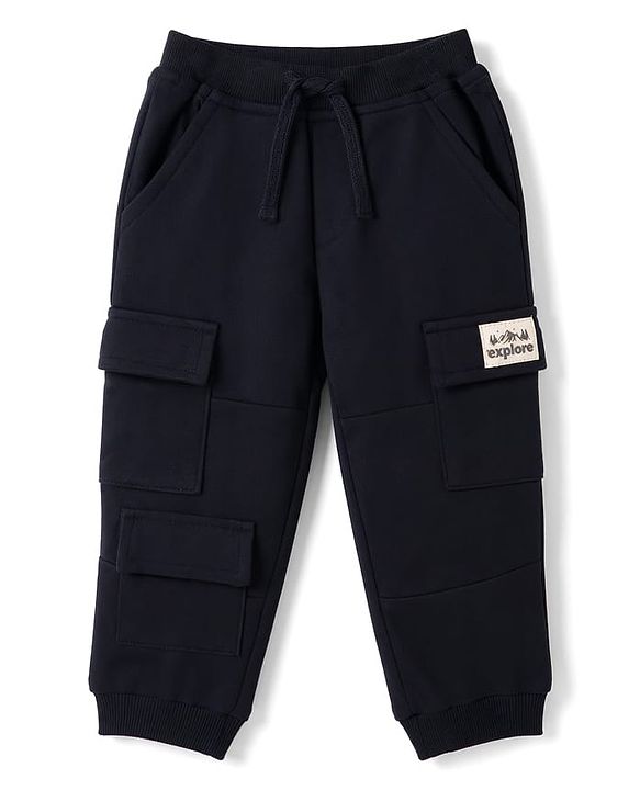 Babyhug Cotton Terry Knit Full Length Lounge Pant With Cargo Pockets & Patch - Black