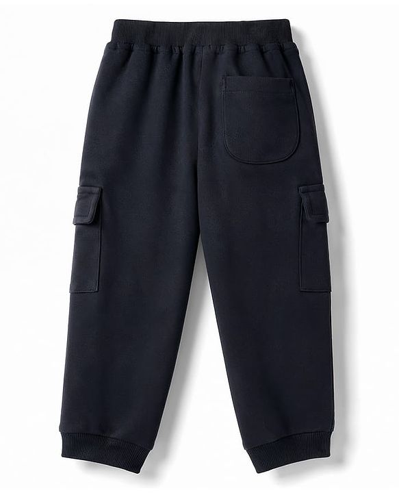 Babyhug Cotton Terry Knit Full Length Lounge Pant With Cargo Pockets & Patch - Black