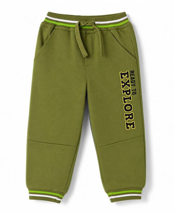 Babyhug 100% Cotton Terry Knit Full Length Joggers With Ready To Explore Text Print - Green