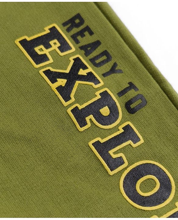 Babyhug 100% Cotton Terry Knit Full Length Joggers With Ready To Explore Text Print - Green