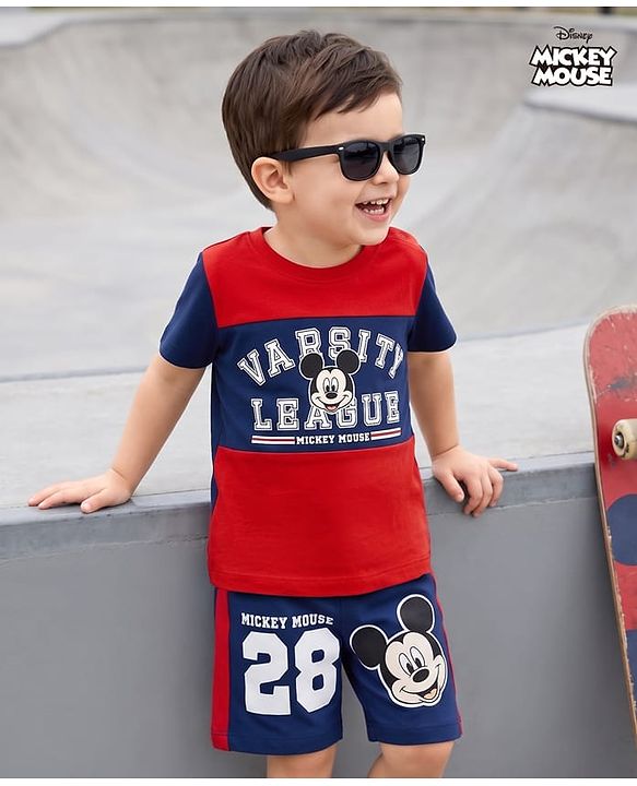 Babyhug Disney Single Jersey Knit Half Sleeves T-Shirt & Shorts Set With Mickey Mouse Graphics - Multicolor