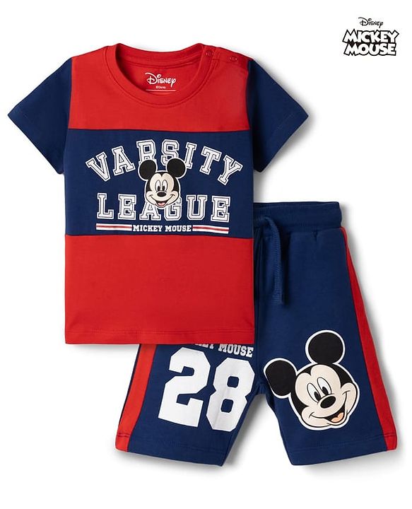 Babyhug Disney Single Jersey Knit Half Sleeves T-Shirt & Shorts Set With Mickey Mouse Graphics - Multicolor