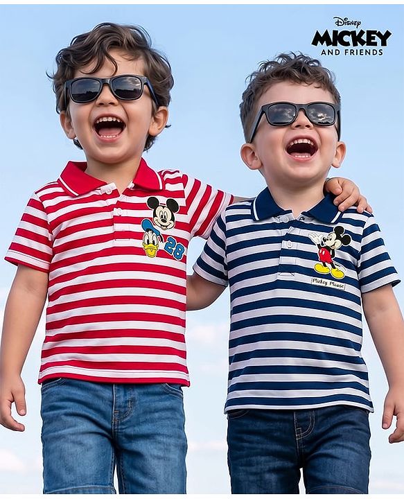 Babyhug Disney Single Jersey Knit Half Sleeves Polo T-Shirt with Stripes & Mickey Mouse Print Pack of 2 - Multicolour