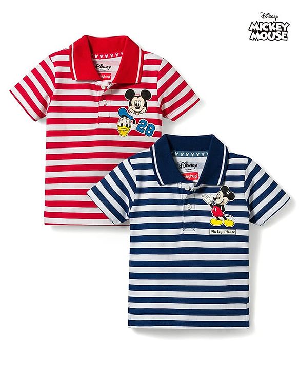 Babyhug Disney Single Jersey Knit Half Sleeves Polo T-Shirt with Stripes & Mickey Mouse Print Pack of 2 - Multicolour