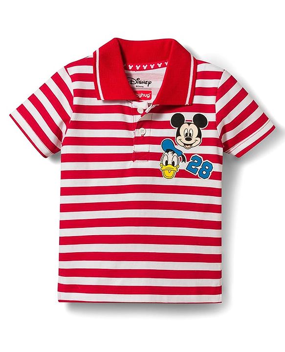 Babyhug Disney Single Jersey Knit Half Sleeves Polo T-Shirt with Stripes & Mickey Mouse Print Pack of 2 - Multicolour