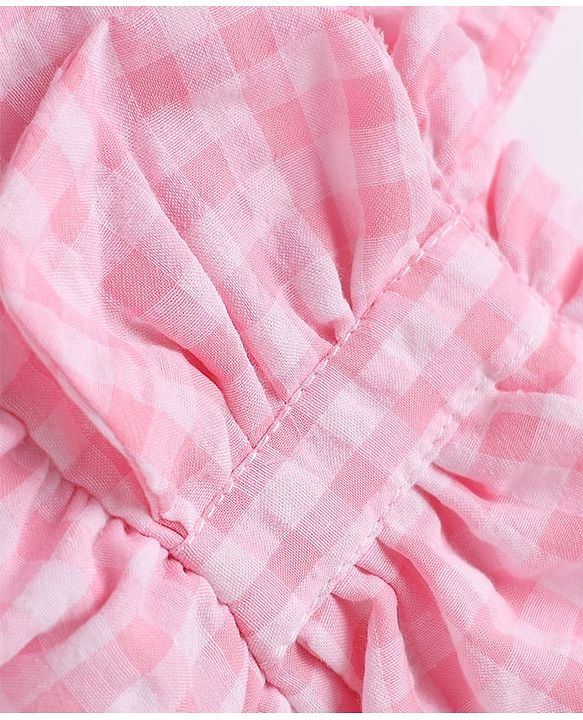 Babyhug Seer Sucker 100% Cotton Woven Sleeveless Top with Bow Applique and Checks Print - Pink