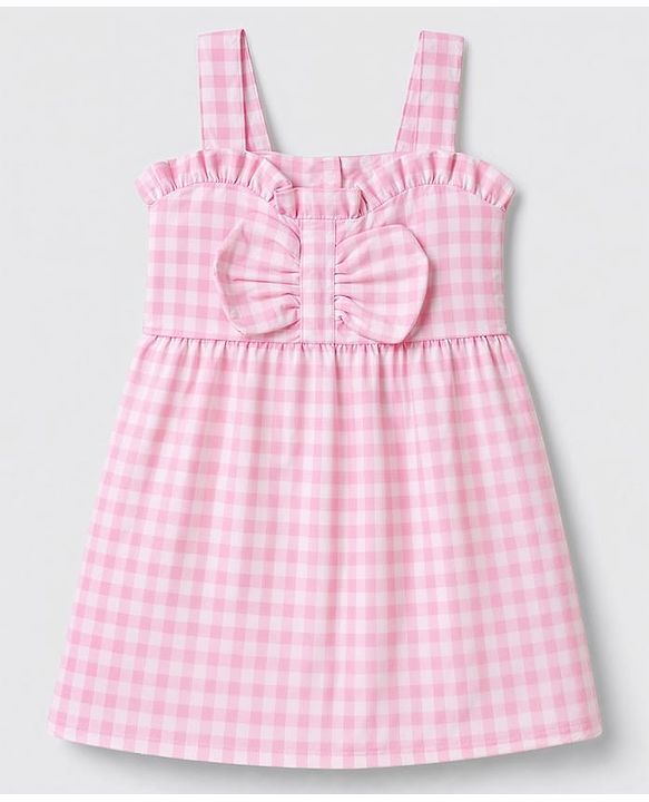 Babyhug Seer Sucker 100% Cotton Woven Sleeveless Top with Bow Applique and Checks Print - Pink
