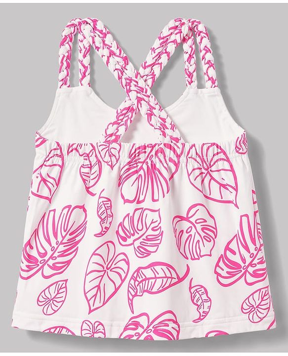 Babyhug 100% Cotton Knit Sleeveless Tropical Theme Printed Top - Pink & White