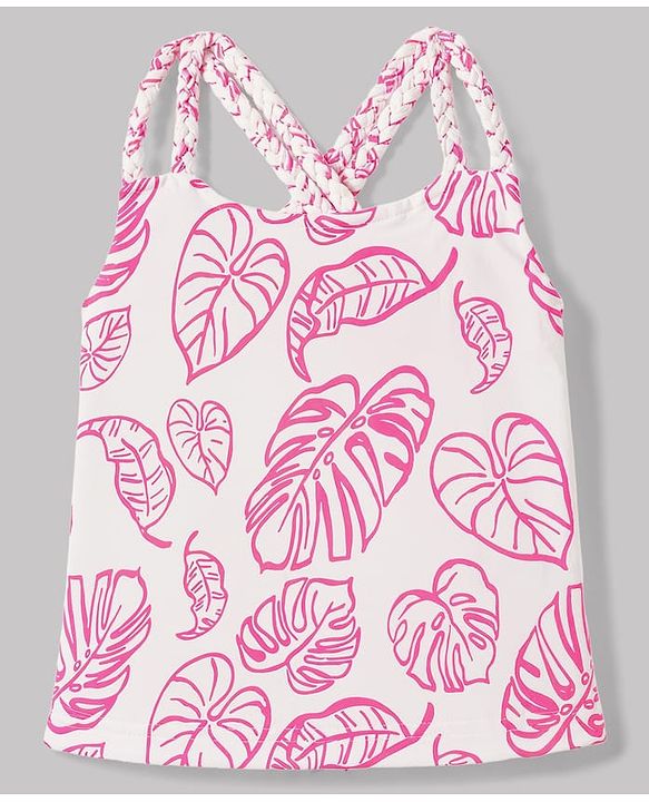 Babyhug 100% Cotton Knit Sleeveless Tropical Theme Printed Top - Pink & White
