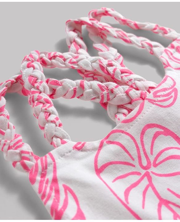 Babyhug 100% Cotton Knit Sleeveless Tropical Theme Printed Top - Pink & White