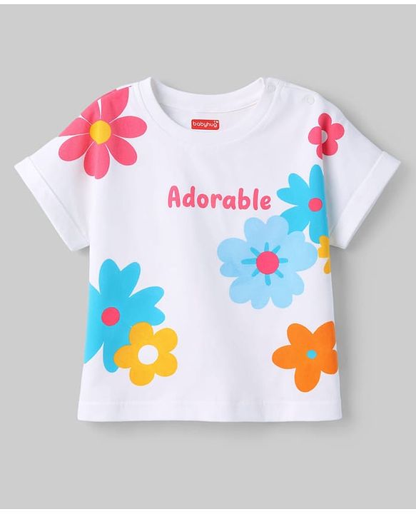 Babyhug 100% Cotton Knit Half Sleeves Floral Printed Oversized Top - Multicolor