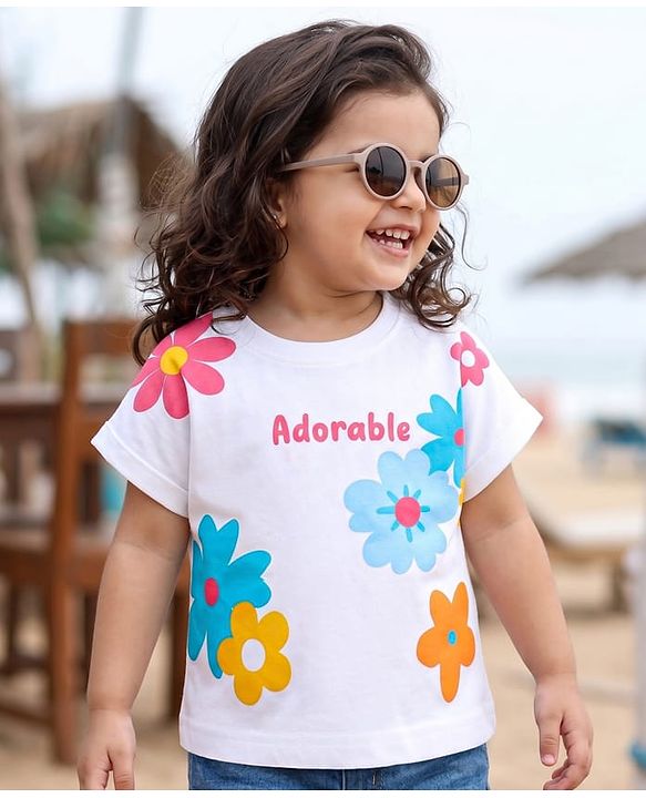 Babyhug 100% Cotton Knit Half Sleeves Floral Printed Oversized Top - Multicolor