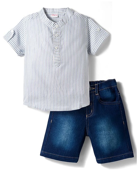 Babyhug Cotton Woven Half Sleeves Striped Kurta Style Shirt & Denim Shorts Set - Blue