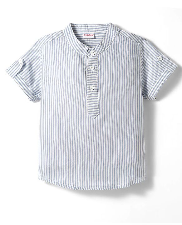 Babyhug Cotton Woven Half Sleeves Striped Kurta Style Shirt & Denim Shorts Set - Blue