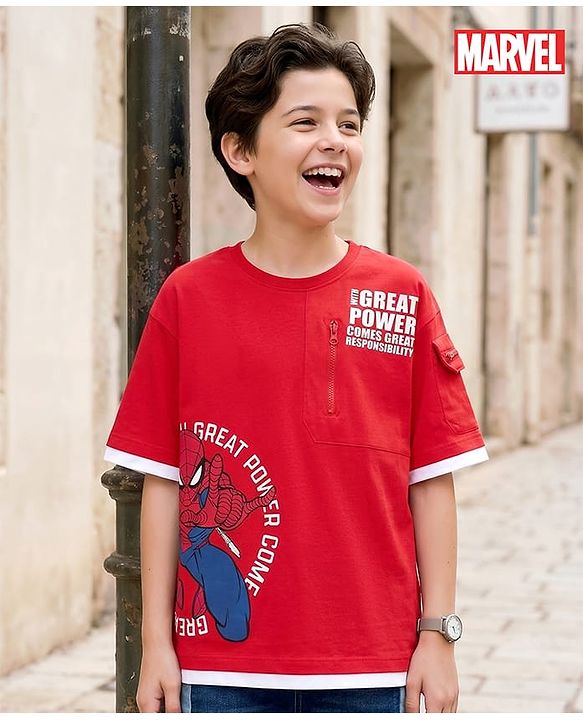 Pine Kids Marvel Cotton Knit Drop Shoulder Half Sleeves T-Shirt with Spiderman Graphic - Red