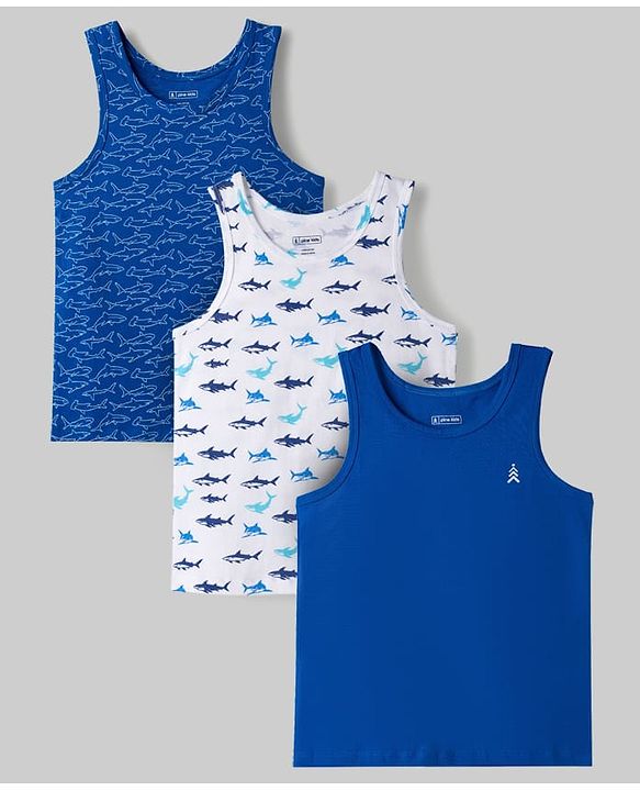 Pine Kids Cotton Lycra Knit Sleeveless Vests With Shark Print Pack of 3 - Multicolor