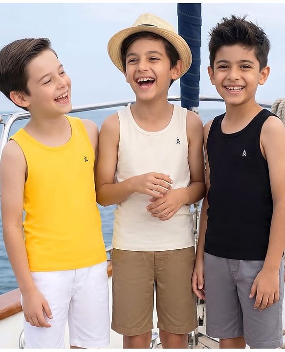 Pine Kids Cotton Lycra Knit Sleeveless Solid Vests Pack of 3 - (Color May Vary)