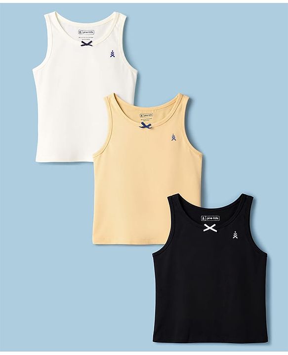 Pine Kids Cotton Lycra Knit Sleeveless Solid Vests Pack of 3 - Multicolor