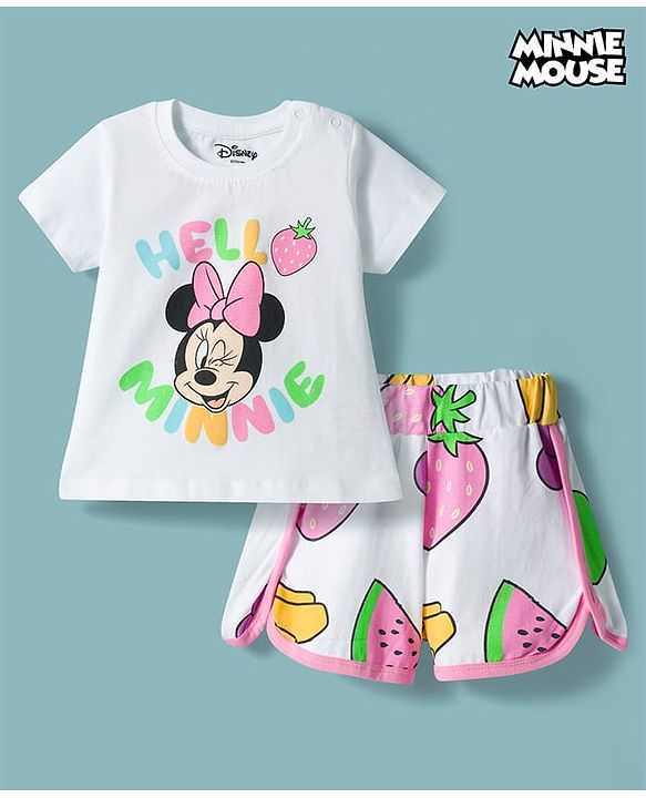 Babyhug Disney Half Sleeves T-Shirt & Shorts Night Suit With Minnie Mouse Graphics - White