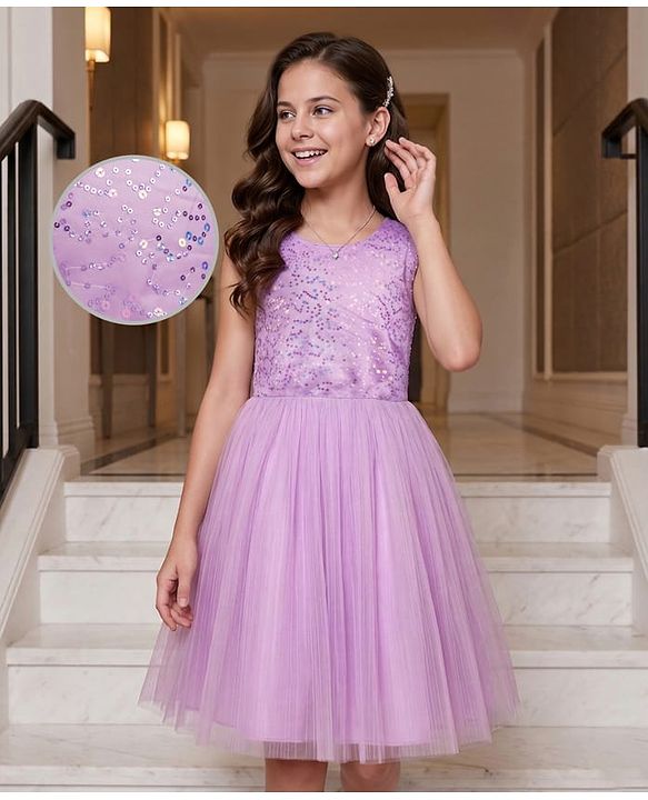 Pine Kids Mesh Woven Sleeveless Party Dress with Sequin Detailing - Purple