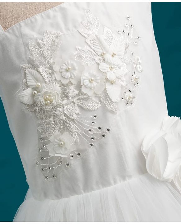 Pine Kids Mesh Woven Sleeveless Party Dress with Floral Embroidery & Applique - White