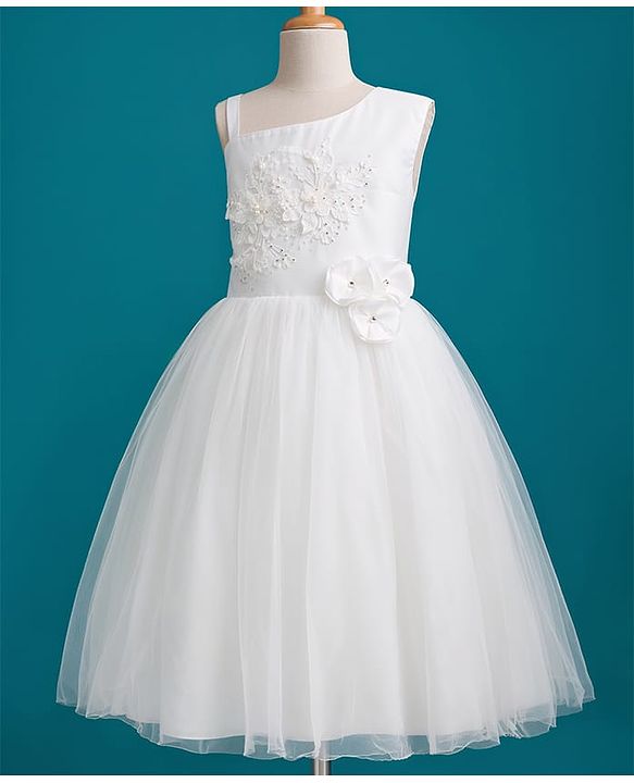 Pine Kids Mesh Woven Sleeveless Party Dress with Floral Embroidery & Applique - White