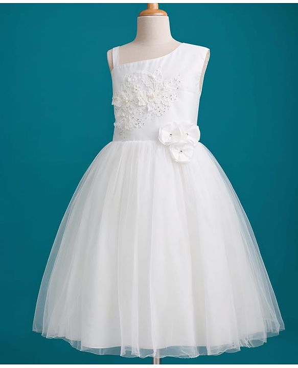 Pine Kids Mesh Woven Sleeveless Party Dress with Floral Embroidery & Applique - White