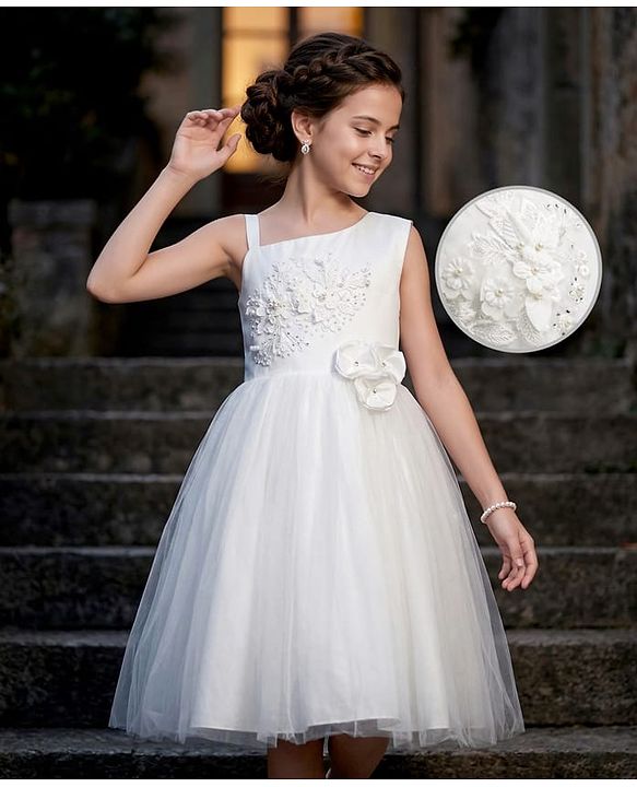 Pine Kids Mesh Woven Sleeveless Party Dress with Floral Embroidery & Applique - White