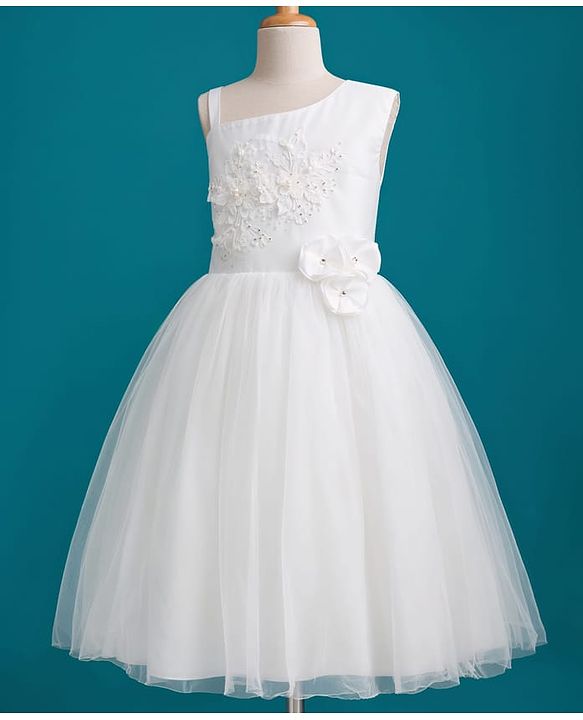 Pine Kids Mesh Woven Sleeveless Party Dress with Floral Embroidery & Applique - White