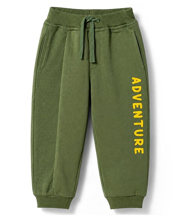 Babyhug 100% Cotton Terry Knit Full Length Lounge Pant Text Print - Olive
