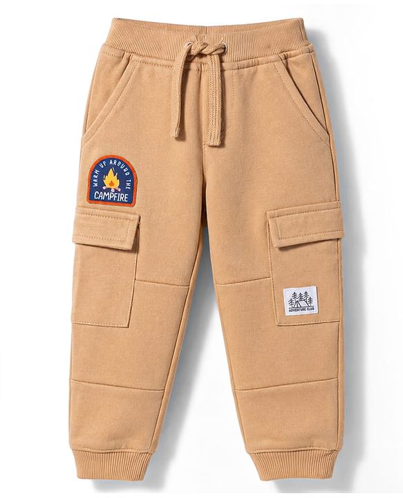 Babyhug 100% Cotton Terry Knit Full Length Lounge Pant with Badge- Cream