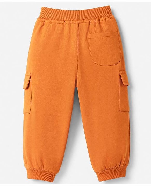 Babyhug Cotton Terry Full Length Knit Track Pant with Ribbed Waist and Explore Patch in Rust Orange