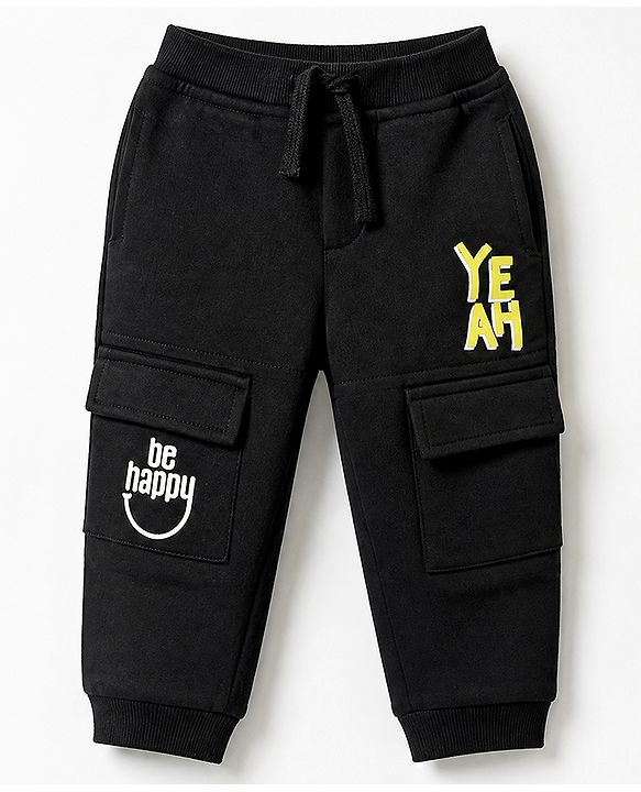 Babyhug Cotton Terry Knit Full Length Track Pant with Yeah Print - Black