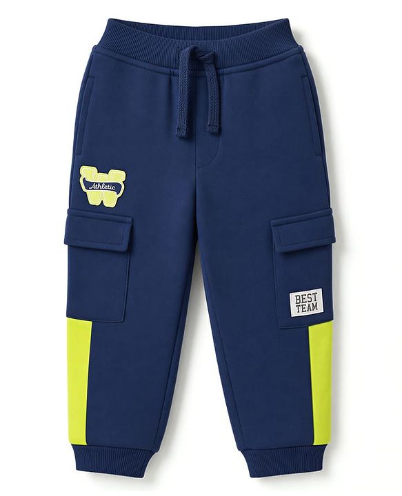 Babyhug Cotton Terry Knit Lounge Pant with Cargo Pockets & Athletic Patch - Navy Blue