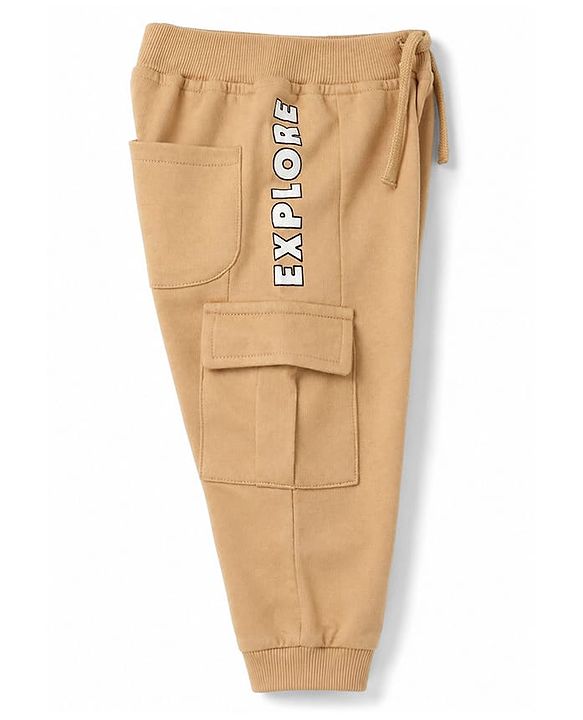 Babyhug Cotton Terry Knit Track Pant with Explore Text & Cargo Pocket in Cream