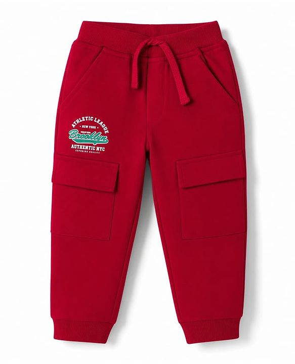 Babyhug Cotton Terry Knit Jogger Fit Track Pant with Cargo Pocket & Brooklyn Text - Red