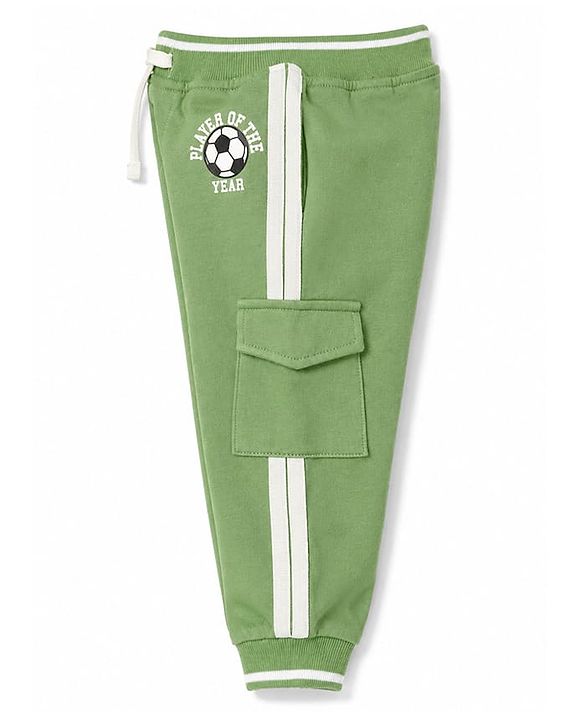 Babyhug 100% Cotton Terry Knit Full Length Player of The Year Printed Lounge Pant With Cargo Pocket & Tape Detailing - Light Green