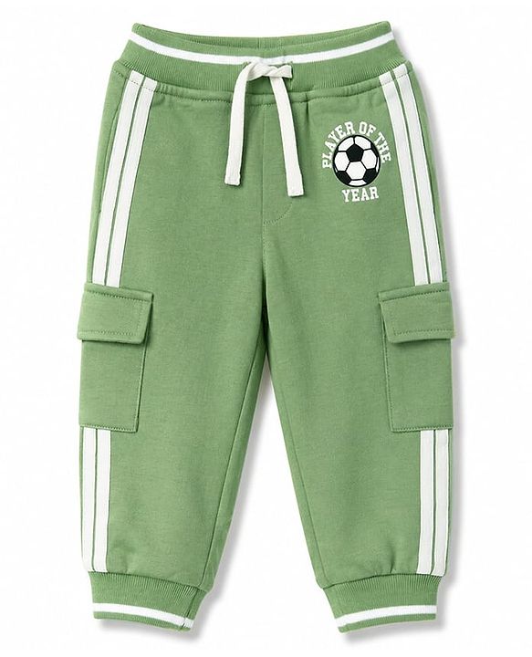 Babyhug 100% Cotton Terry Knit Full Length Player of The Year Printed Lounge Pant With Cargo Pocket & Tape Detailing - Light Green