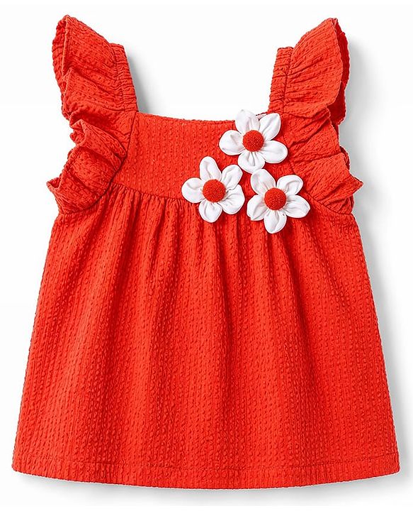 Babyhug 100% Cotton Dobby Woven Sleeveless Top With Floral Applique - Red