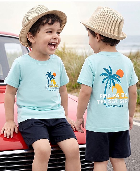Babyhug 100% Cotton Single Jersey Knit Half Sleeves T-Shirt & Shorts Set With Tropical Theme - Sea Green