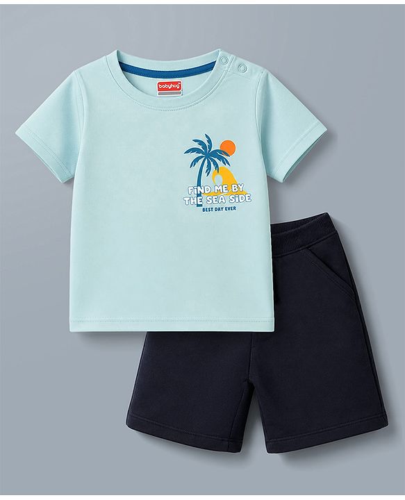 Babyhug 100% Cotton Single Jersey Knit Half Sleeves T-Shirt & Shorts Set With Tropical Theme - Sea Green