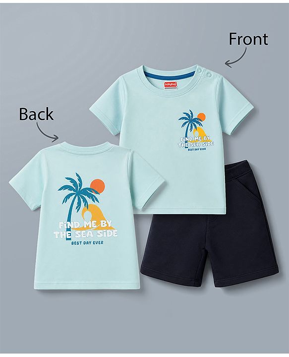 Babyhug 100% Cotton Single Jersey Knit Half Sleeves T-Shirt & Shorts Set With Tropical Theme - Sea Green