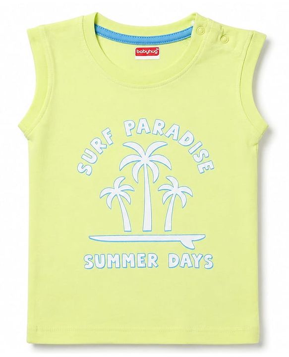 Babyhug 100% Cotton Single Jersey Knit Sleeveless T-Shirt & Shorts Set With Tropical Theme - Limegreen & Blue