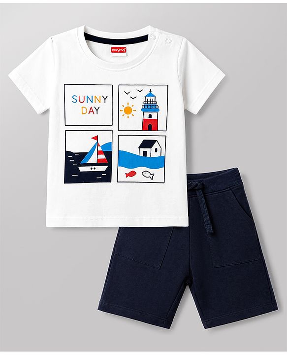 Babyhug 100% Cotton Single Jersey Knit Half Sleeves T-Shirt & Shorts Set With Tropical Theme - White & Navy Blue