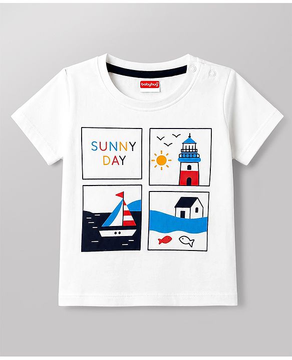 Babyhug 100% Cotton Single Jersey Knit Half Sleeves T-Shirt & Shorts Set With Tropical Theme - White & Navy Blue
