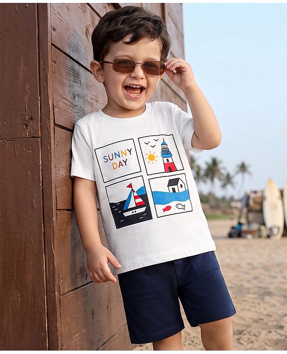 Babyhug 100% Cotton Single Jersey Knit Half Sleeves T-Shirt & Shorts Set With Tropical Theme - White & Navy Blue