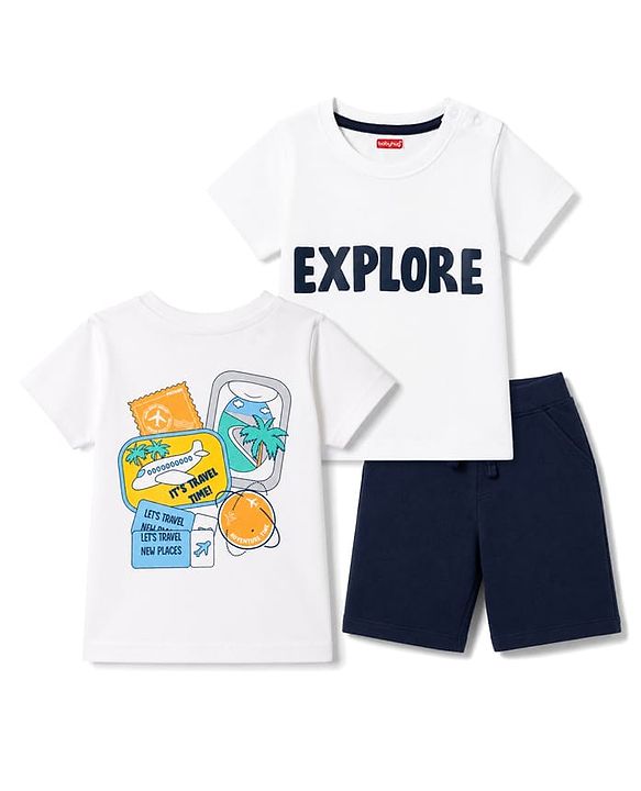 Babyhug Single Jersey Knit Half Sleeves T-Shirt & Shorts Set With Tropical Theme - White
