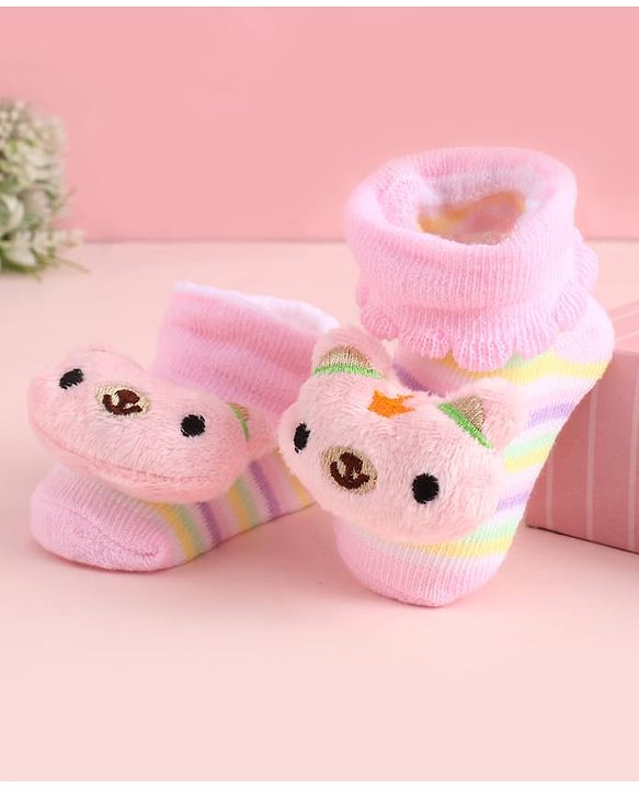 Cute Walk by Babyhug Fabric Socks Shoes With Large Teddy Bear Applique - Pink