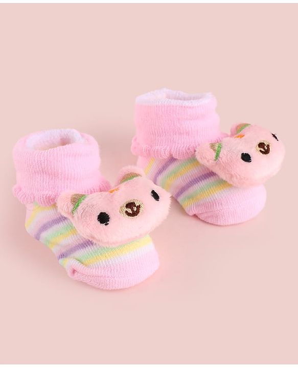 Cute Walk by Babyhug Fabric Socks Shoes With Large Teddy Bear Applique - Pink